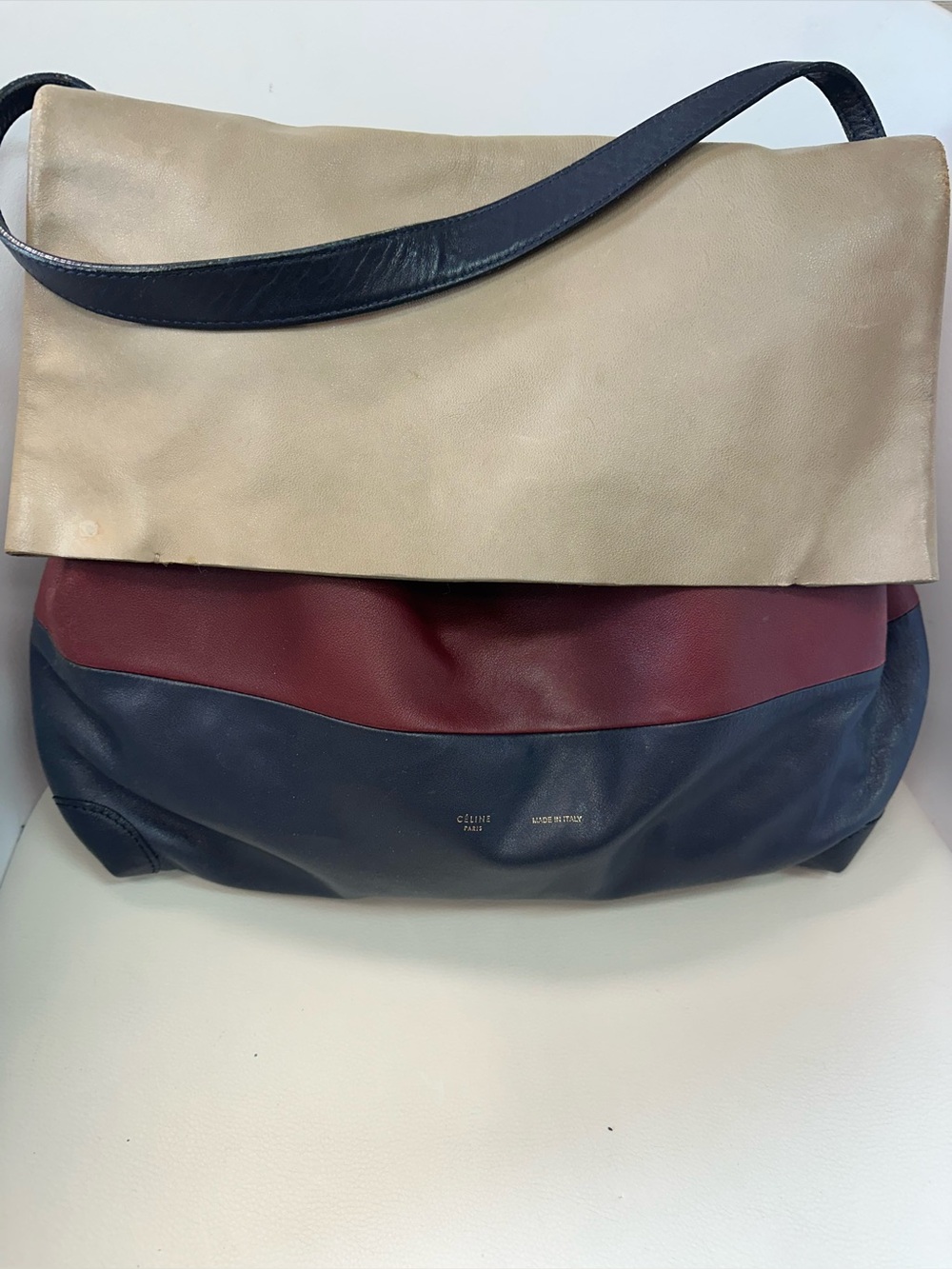 Celine Large Tri-Color Leather Foldover Hobo Shoulder Bag Made in Italy - Picture 3 of 12